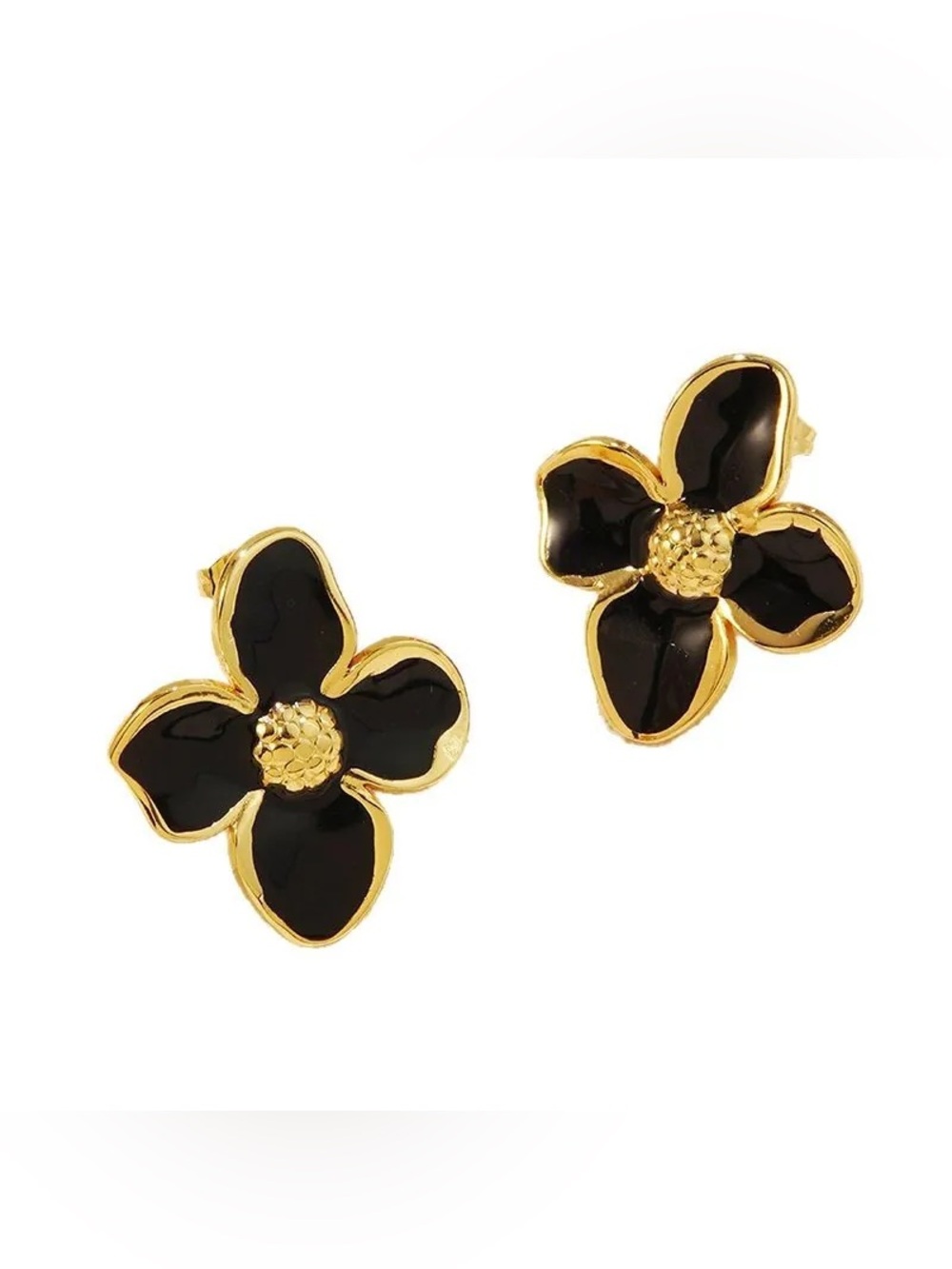 Black Enamel Flower Stud Earrings on Hypoallergenic Gold Plated Stainless Steel - Picture 3 of 3